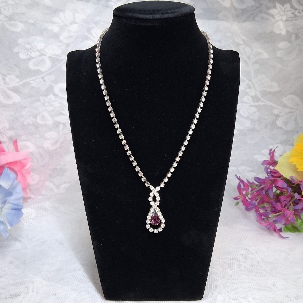 Vintage Rhinestone Necklace Clear Stones Purple Center Foldover Clasp